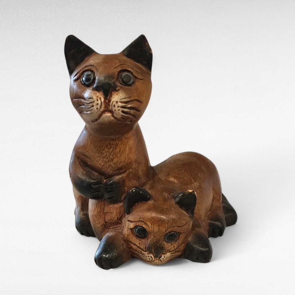 Wooden Cat and Kitten Figurine